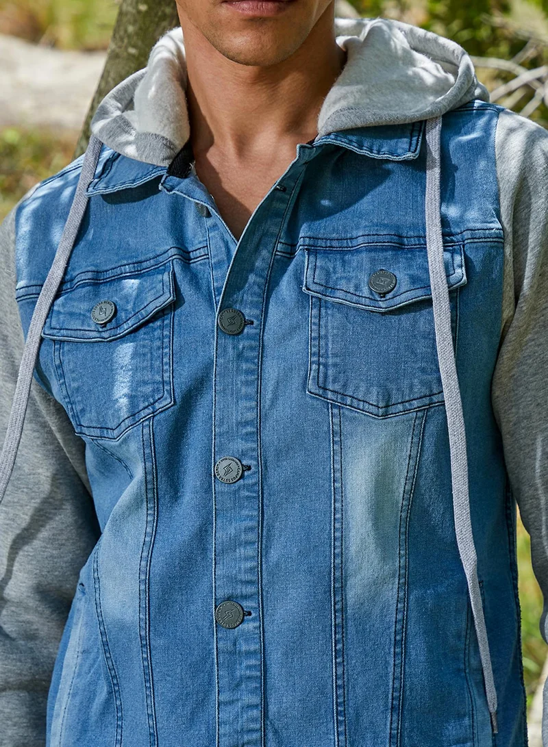 CAHOOT  Men's Blue & Grey Light-Wash Denim Jacket With Sweatshirt Sleeve For Casual Wear | Hooded Neck | Long Sleeve | Button Closure | Cotton Jacket Crafted With Comfort Fit For Everyday Wear for Men | Best Price UAE